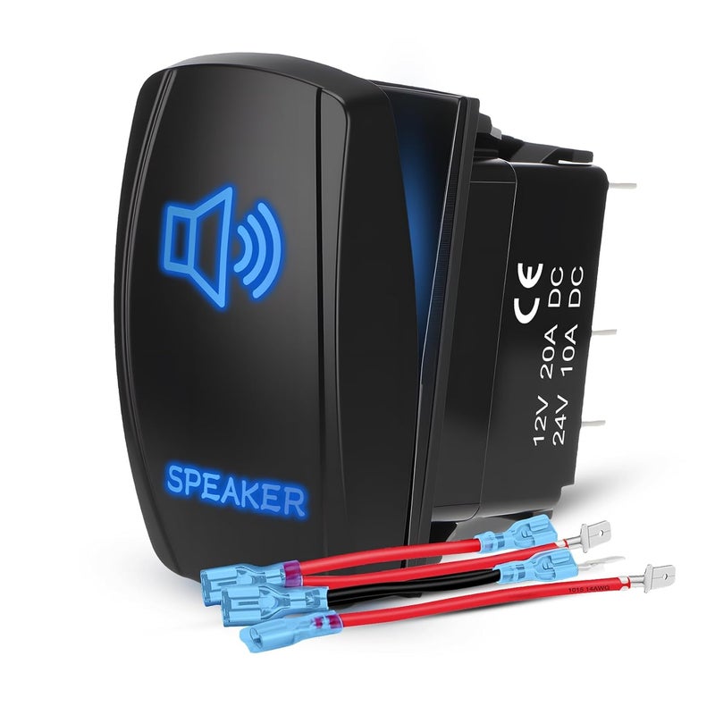 Weasch Speaker Rocker Switch, On Off SPST 5 Pin Latching Switch, 20A 12V 10A 24V, with Jumper Wires for Car Boat Truck Trailer, Blue - Image 1